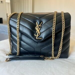 Yves Saint Laurent Black Chevron Leather Bag with Gold Chain